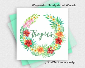 Watercolor Tropical Wreath. Exotik Plants Floral Hawaii wreath digital Frame Border Décor holiday wreath images. Garland of flowers Hawaii