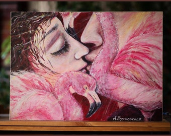 Pink Flamingo, Participant in the Icon exhibition in London. Painting for the bedroom. Pink color, Wall Art Print Digital Art Couple in love