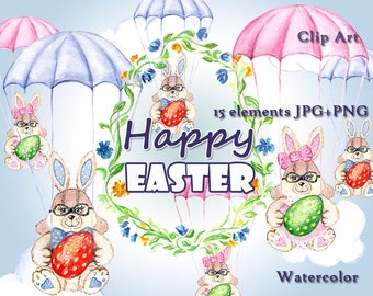 Happy Easter, Hand Painted Watercolor Clipart, Easter Bunny Boy, Easter Bunny Girl, Buny Skydiver, Funny Bunny