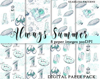 Summer Seamless Pattern/ Digital Paper Pack for Summer scrapbooking pages/ Beach  Print/