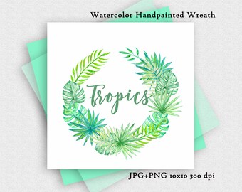 Watercolor Tropical Wreath. Exotik Plants Floral Hawaii wreath digital Frame Border Décor holiday wreath images. Garland of flowers Hawaii