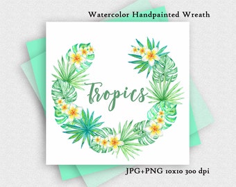 Watercolor Tropical Frame. Exotik Plants Floral Hawaii wreath digital Frame Border Décor holiday wreath images. Garland of flowers Hawaii