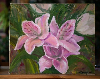 Lilies. Painting with beautiful pink flowers. Great gift. Painting for the bedroom. Wedding anniversary. Tenderness. Love. Harmony/ for sale