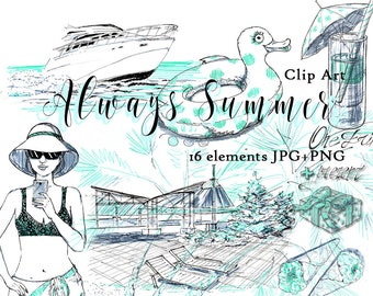 Summer Digital Clipart/ /Summer Beach Clipart/Sea print/hand painted clipart/