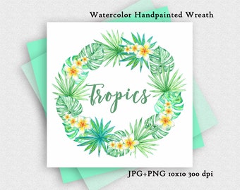 Watercolor Tropical Wreath. Exotik Plants Floral Hawaii wreath digital Frame Border Décor holiday wreath images. Garland of flowers Hawaii