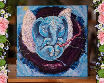 Baby Elephant Cute Angel/Digital copy of the painting. Blue tones. Afro style. Harmony and calm composition animal print. Wall Art/ For Sale