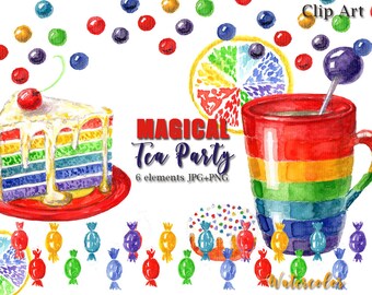 Tea party graphics for Tea Time/ Mag, Cake and Candy Clip Art/ Colorful Rainbow Clipart
