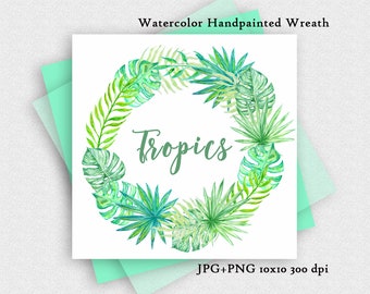 Watercolor Tropical Wreath. Exotik Plants Floral Hawaii wreath digital Frame Border Décor holiday wreath images.