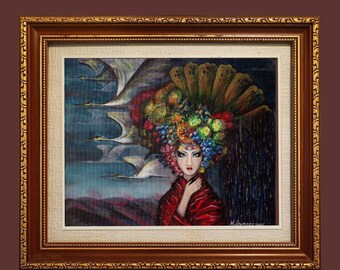Cranes, Mysterious woman in a red robe. Beautiful woman with a wreath on her head. Digital copy of picture/Art for sale/ Print/ Wall art/JPG