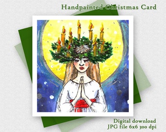 Scandinavian Christmas Card/ Santa Lucia / Handpainted Nordic Card