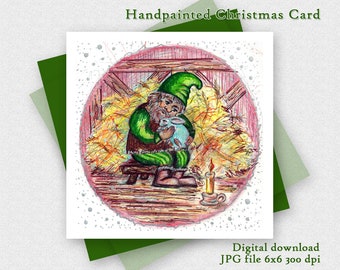 Scandinavian Christmas Card/ Scandinavian Gnome / Handpainted Nordic Card