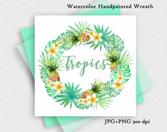 Watercolor Tropical Wreath. Exotik Plants Floral Hawaii wreath digital Frame Border Décor holiday wreath images. Garland of flowers Hawaii