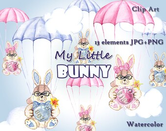 Baby animals/ Watercolor Bunny Clipart /new baby boy card DIY/ new baby girl card DIY/