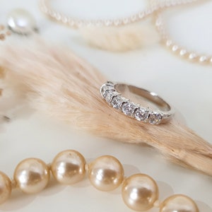 Pretty Vintage Silver Tone Band Ring With White Paste Diamonds  Lovely Eternity Ring