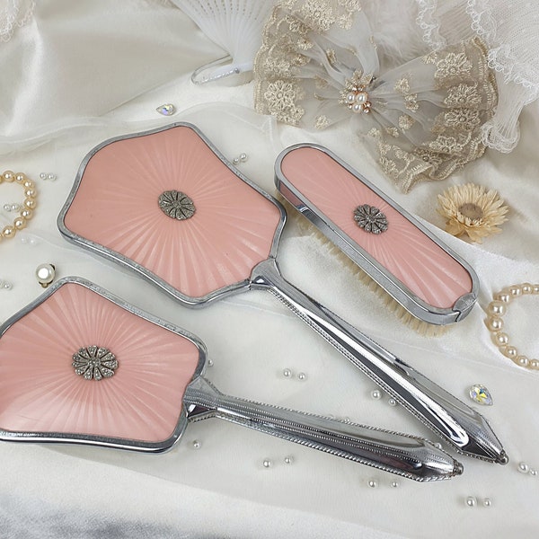 Gorgeous Vintage Pink Faux Enamel Guillache Vanity Set Vintage Hand Mirror Silver Plated Coquette Style