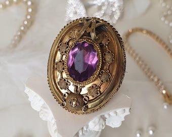 Antique Gilt Brooch: Victorian Edwardian Amethyst Style Jewelry