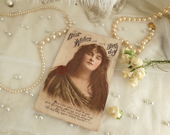 Hübsche Vintage antike Geburtstags-Wünsche-Postkarte Edwardian viktorianische Dame Geburtstags-Karte