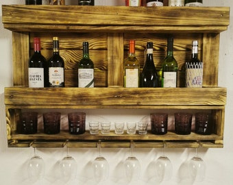 WEINREGAL für 16 flasche und 12 gläser ,Whiskyregal  PALETTENMÖBEL Vintage WANDREGAL Holz Bar Rustikal Geflammt  Neue paletten