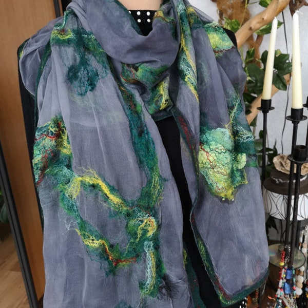 Long grey-green chiffon scarf with felt painting, Grey-green painting with "wool painting"