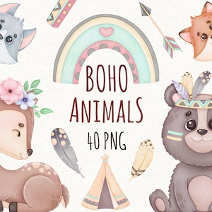 Watercolor Boho Animals Clipart, Woodland Animal Png, Instant Download