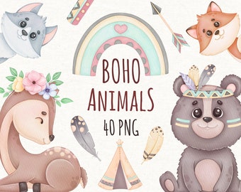 Clipart di animali Boho dell'acquerello, Png di animali del bosco, Download istantaneo