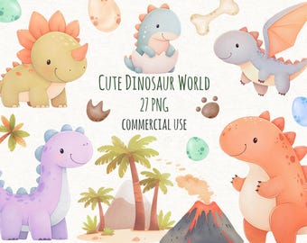 Cute Dinosaur Watercolor Clipart, Cartoon Dino PNG, Baby Dinosaur Clip Art, Commercial Use