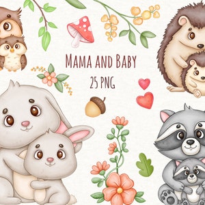 Woodland Animals Mama And Baby Watercolor Clipart, Png