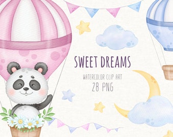 Cute Panda and Hot Air Balloon Watercolor Clipart, Sweet Dreams Clip Art, Instant Digital Download