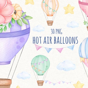 Watercolor Hot Air Balloon and Flowers Clipart, Printable Clipart, Instant Download