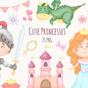 Schattige prinses clipart, verjaardag meisje clipart, draak, ridder, PNG
