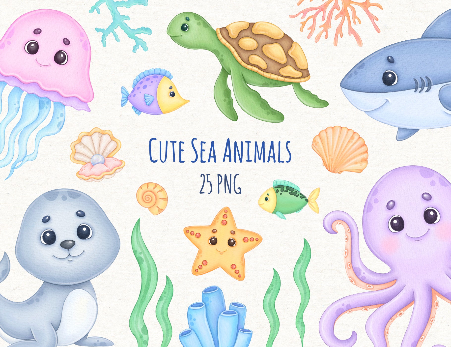 Sea Animals Clipart, Ocean Clipart, Digital Download, Png 