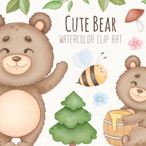 Mignon ours et abeille aquarelle Clipart, téléchargement immédiat, Digital Png, 300dpi