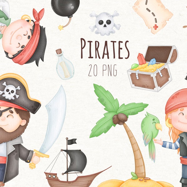 Pirates mignons enfants Clipart, Clipart aquarelle océan