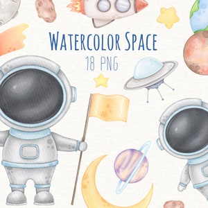 Clipart acquerello astronauta e spazio, stampa digitale spaziale, download immediato