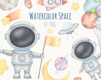 Astronaut and Space Watercolor Clipart, Space Digital Print, Instant Download