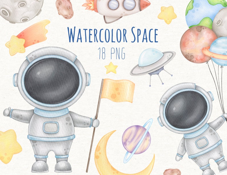 Astronaut and Space Watercolor Clipart, Space Digital Print, Instant Download image 1