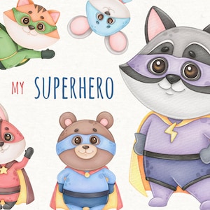 Acuarela Superhéroe Clipart, Superhéroe Bebé Animales Png, Descarga Digital