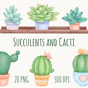 Cactus y suculentas imágenes prediseñadas, acuarela PNG, descarga digital