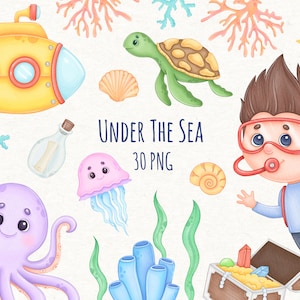 Onder de zee-clipart, aquarel zeedieren png