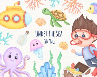 Under The Sea Clipart, Watercolor Sea Animals Png
