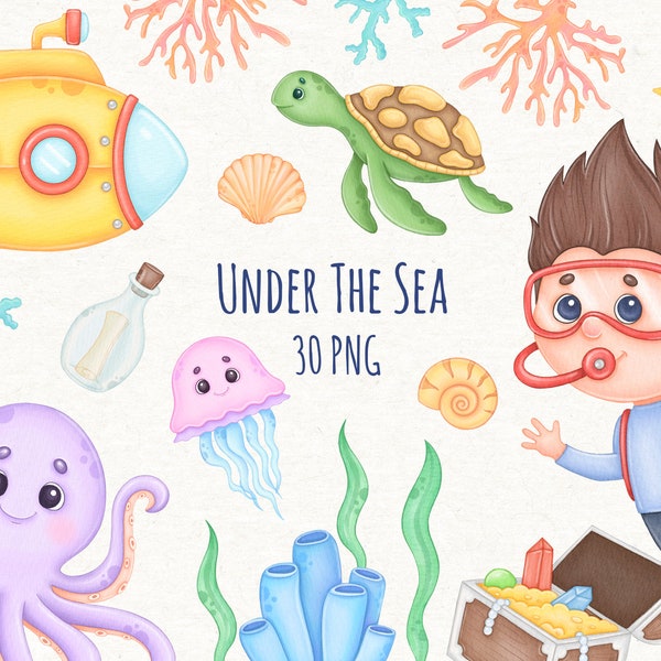Sotto il mare Clipart, animali marini dell'acquerello Png