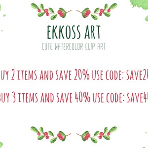 May include: A white background with green watercolor splotches and a green floral border. The text "EKKOSS ART" is in green, and the text "CUTE WATERCOLOR CLIP ART" is in black. The text "BUY 2 ITEMS AND SAVE 20% USE CODE: SAVE20" and "BUY 3 ITEMS AND SAVE 40% USE CODE: SAVE40" is in red.