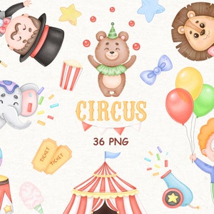 Circus en dieren aquarel clipart, babyshower afdrukbaar