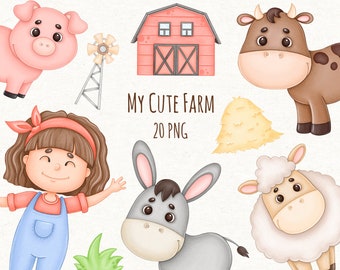 Cute Farm Clipart, Farm Animals Watercolor Png