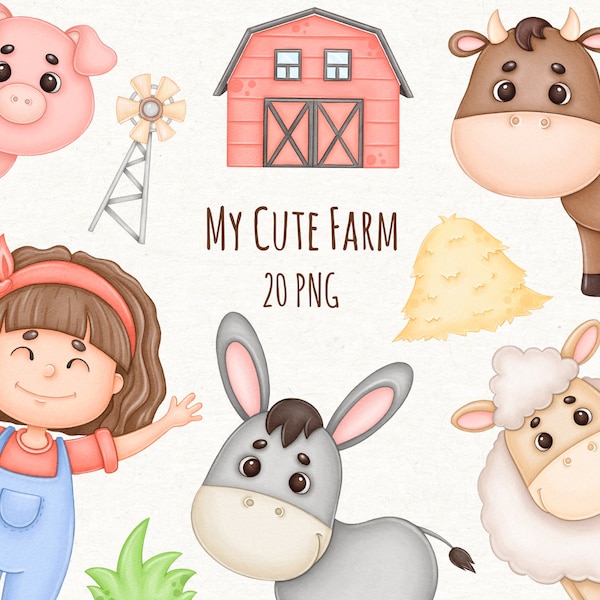 Cute Farm Clipart, Farm Animals Watercolor Png