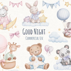 Imágenes prediseñadas de acuarela de animales bebés durmiendo, imágenes prediseñadas mensuales de bebés, uso comercial, PNG de animales de guardería, invitación para baby shower