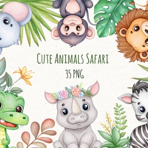 Watercolor Safari Animals Clipart, PNG Jungle Clipart, Digital Download