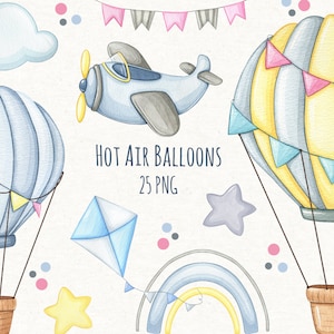 Watercolor Hot Air Balloons Clipart, Nursery Wall Decor, PNG