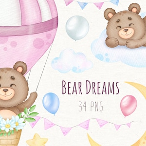 Sleeping Bear and Hot Air Ballon Clipart, Baby Shower, Png