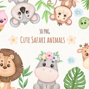 Niedliche Safari Tiere Clipart, Dschungel-Baby-Dusche, Tropische Kunst PNG